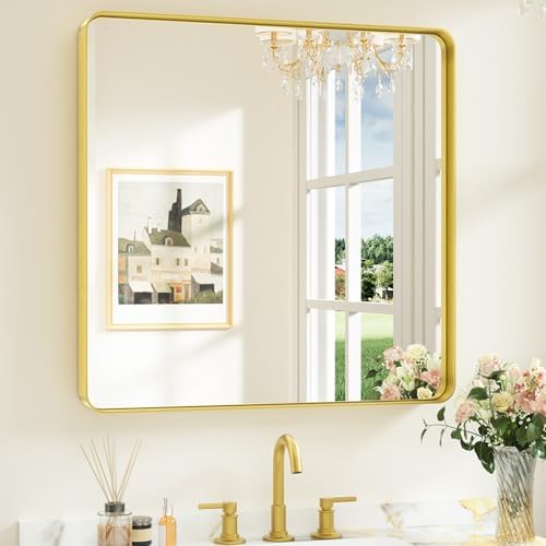 Keonjinn 30 x 30 Inch Brushed Gold Bathroom Mirrors by Keonjinn