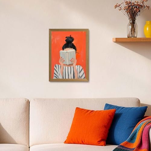 Abstract Framed Wall Art Reading Woman Canvas Print Bold Orange Wall Decor - Image 3