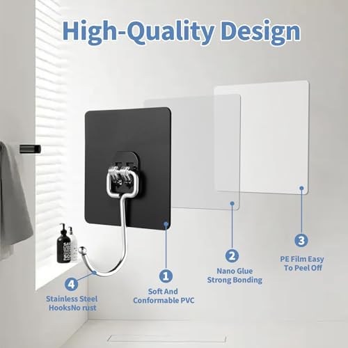 Adhesive Wall Hooks, Heavy Duty Black Sticky Hooks, 10 Pack - Image 6