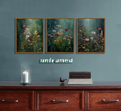 3Pcs Dark Green Floral Canvas Wall Art Moody Wildflowers Poster Prints Vintage - Image 2