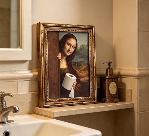 Funny Mona Lisa‑Inspired Lady Holding Toilet Paper Wall Art, Ornate Golden - Image 5
