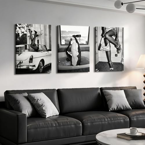 Black and White Vintage Canvas Wall Art High Heels Retro Car Bathtub Woman - Image 5