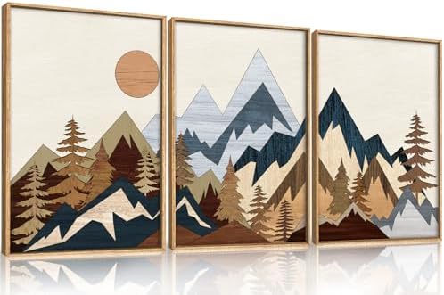 HOURIA Mid Century Woodcut Mountain Woodland Framed Wall Art Set- 16"x24"x3 by HOURIA