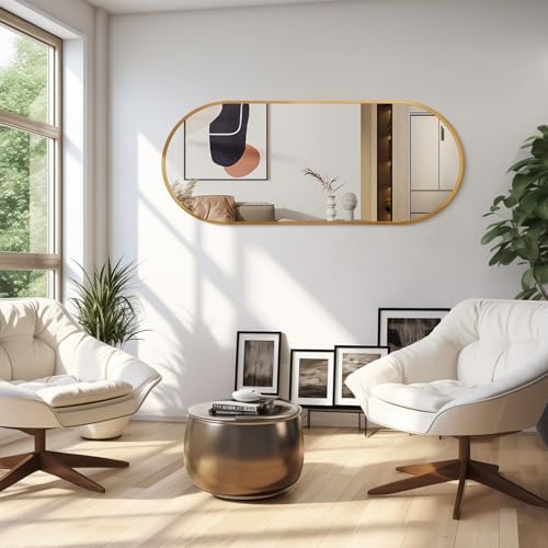JJUUYOU Oval Full Length Bathroom Mirror Wall Mounted Mirror Gold Metal Mirrors - Image 4