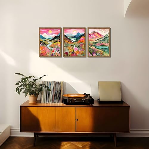 Boho Colorful Mountain Wall Art Set of 3, Abstract Watercolor Landscape Flower - Image 7