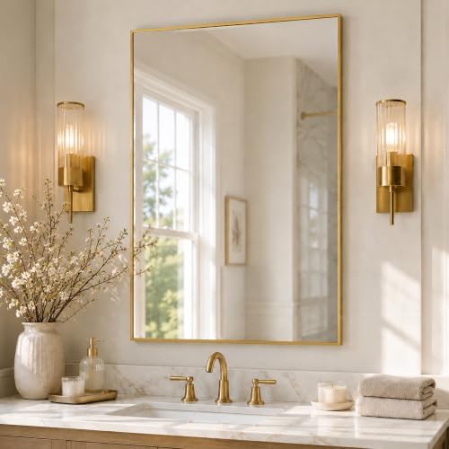 36"x24" Brushed Gold Framed Rectangle Bathroom Vanity Wall Mirror by Pocetry