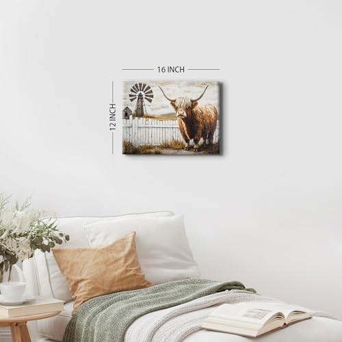 Farmhouse Highland Cow Wall Art Windmill Barn Pictures Western Wall Decor - Image 3