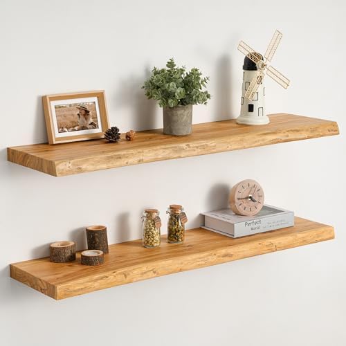 32" Live Edge Floating Shelves, Solid Elm Wood Shelf by Unknown