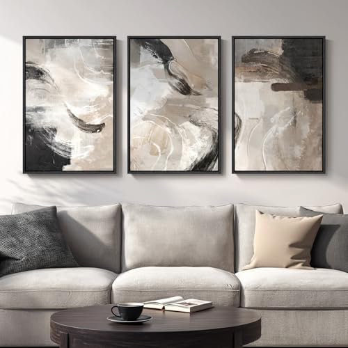 Large Framed Modern Neutral Abstract Wall Art, 3 Piece Set, Each 20x30 In by Cuspin