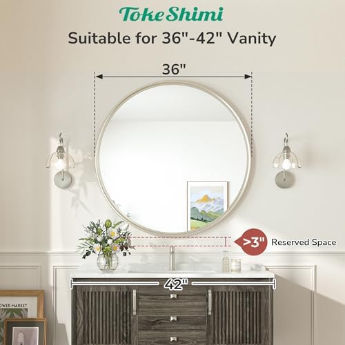 TokeShimi 36 in Round Brushed Nickel Mirror, Tempered Shatterproof Circle Wall - Image 2