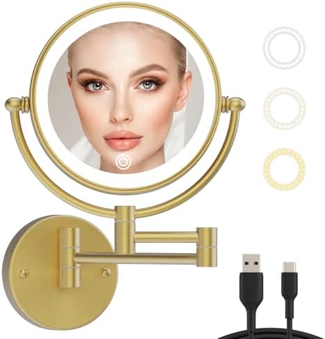8" Lighted Magnifying Makeup Mirror Wall Mounted, Brushed Moderne Brass by LEDOOLE