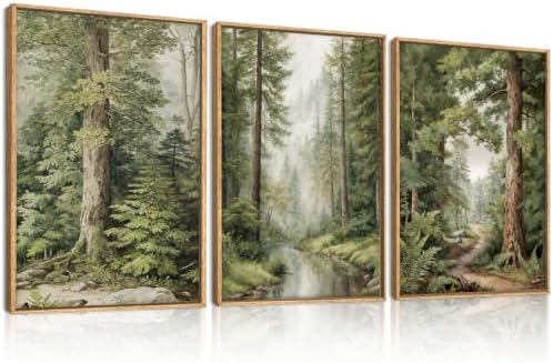 HLNIUC Green Misty Forest Framed Canvas Wall Art, Large Vintage Rainforest Path by HLNIUC