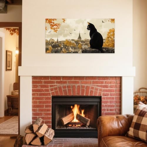 SWQYLB Autumn Pictures Wall Art Black Cat Fall Decor Halloween Animal Canvas - Image 2