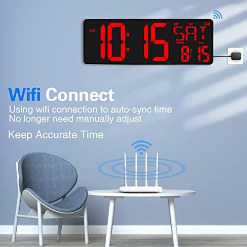 XREXS Large Digital Wall Clock WiFi Sync, 16.5 in Large Display Wall Clock - Image 2
