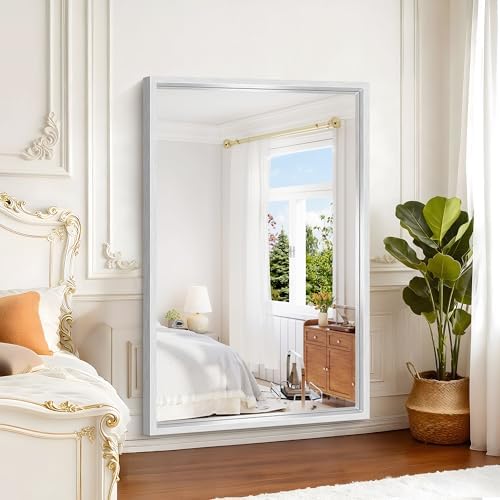 60 x 40 inch Brushed Silver Bathroom Mirror, Large Metal Framed Rectangle Mirror - Image 2