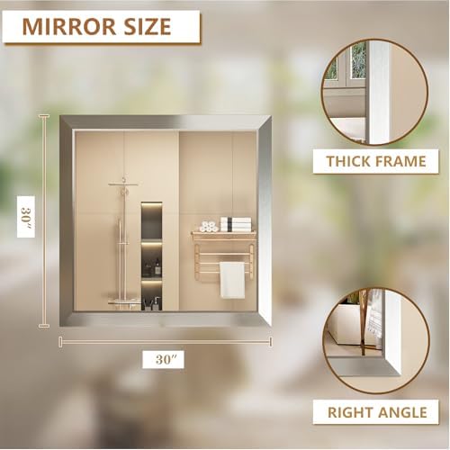 SMIROR 30x30 Brushed Silver Bathroom Vanity Mirror - Image 2