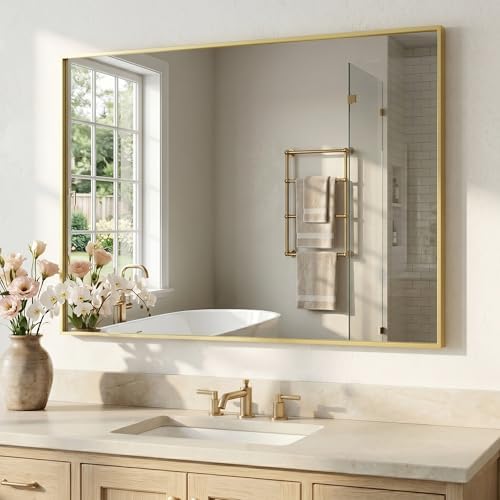 40"x30" Satin Gold Framed Rectangle Bathroom Vanity Wall Mirror by Pocetry