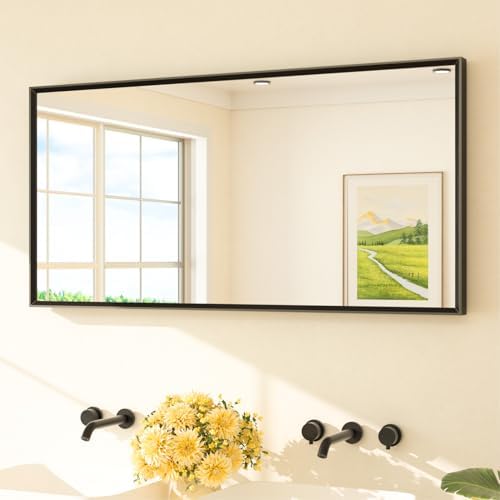 TETOTE Black Bathroom Mirror Beveled Frame 48" x 24" Black Rectangle Metal by TETOTE