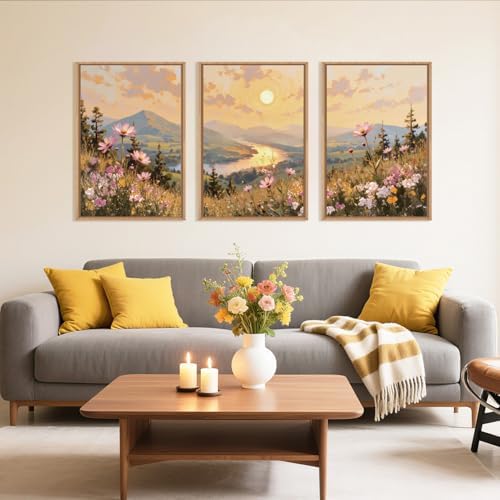 LHIUEM Large Boho Sunset Wildflower Framed Canvas Wall Art, Nature Pink Flower - Image 2