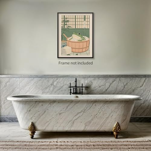 Japanese Frog in a Bathtub Wall Art Sage Green Relaxing Bathroom Posters Fun - Image 6