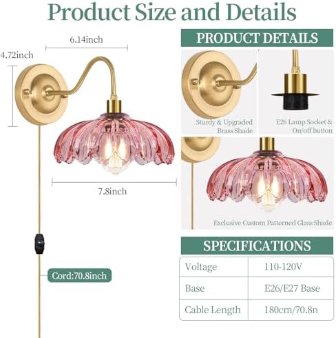 ZECOXOL Vintage Plug in Wall Sconces Set of Two, Glass Wall Sconces Lamps - Image 5