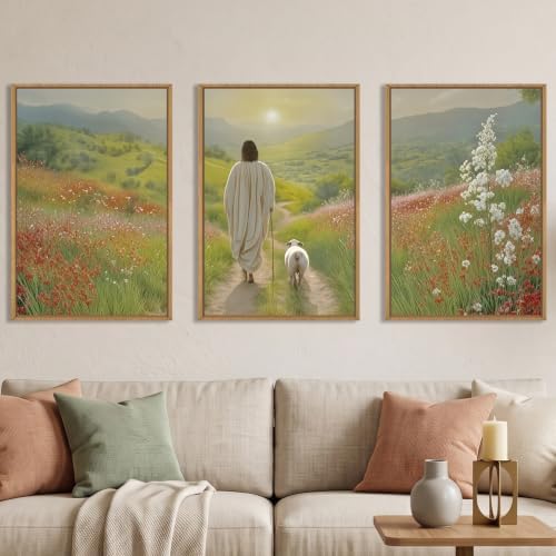 LHIUEM Large Jesus and Lamb Christian Framed Canvas Wall Art, Leaves The 99 by LHIUEM