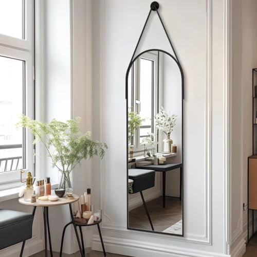 Dewfig 48"x16" Arched Full Length Mirror, Wall Mirror, Leather Strap - Image 2