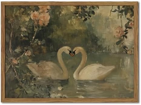 Framed Vintage Swan wall art, Rustic Romantic White Swan Pictures Wall Decor by Unknown