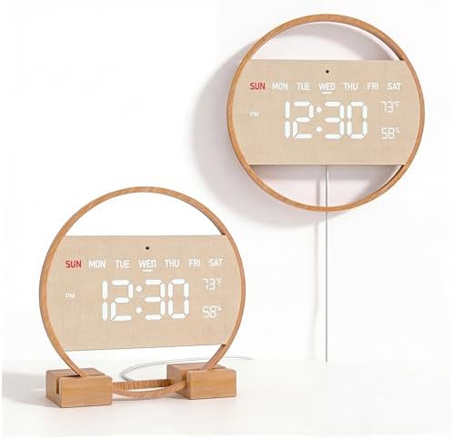Driini Large Digital Wall Clock -Round Digital Bamboo Wooden Wall Clock by Driini