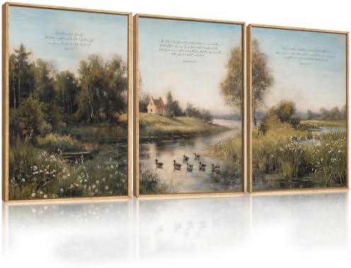 Vintage Sage Green Landscape Framed Canvas Wall Art Set, Christian Religious by Aryroi