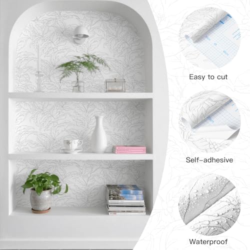 Heroad 17.3"x196" Peel and Stick Wallpaper Grey and White Wall Paper Boho Leaf - Image 2