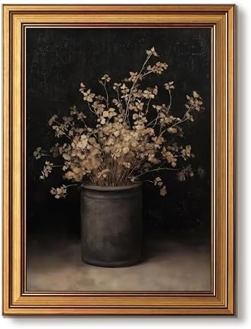 Gold Framed Moody Floral Wall Art, Vintage Fall Dried Flowers Vase Pictures by Unknown