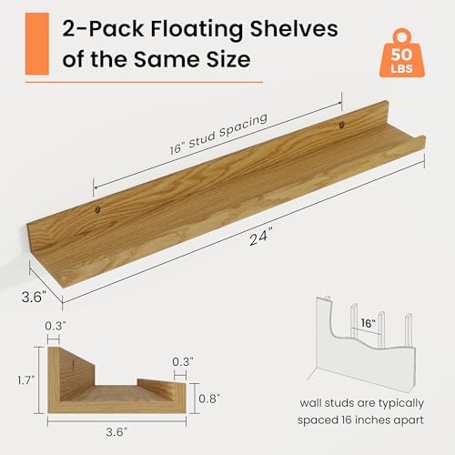 RICHFOCUS Picture Ledge Shelf, 24 inch Floating Shelves Set of 2, Wood Wall - Image 3