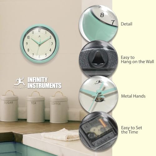 Infinity Instruments Retro Round Metal Wall Clock, Pastel Green - Image 6