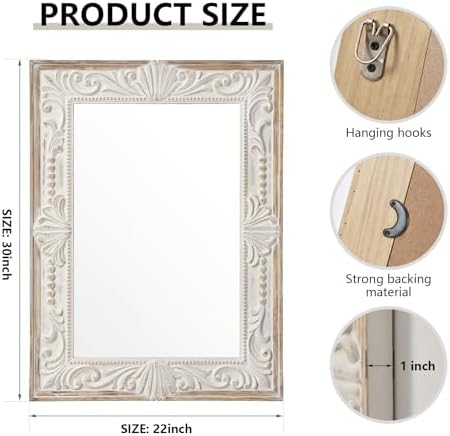 Rustic Wood Wall Mirror, 22x30" Rectangle Carved Bathroom Vanity Mirror - Image 2