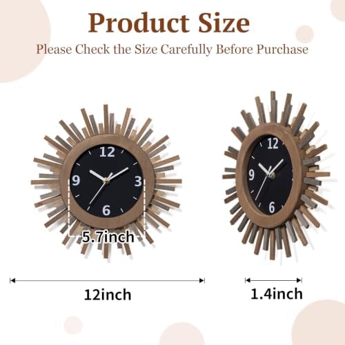 Honiway 12 Inch Wall Clock, Battery Operated, Rustic Wood Boho Sunburst - Image 3
