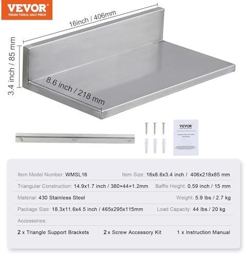 VEVOR Stainless Steel Wall Shelf, 8.6" x 16"-2 Pack - Image 3