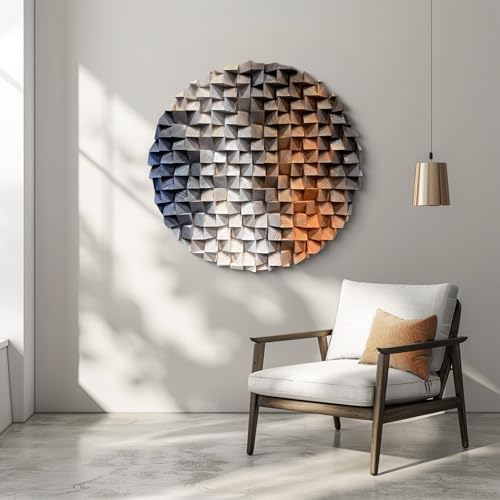 LIUZEYUE Round Wood Wall Art, Split-Tone Cube Mosaic, Modern Wood Accent - Image 5