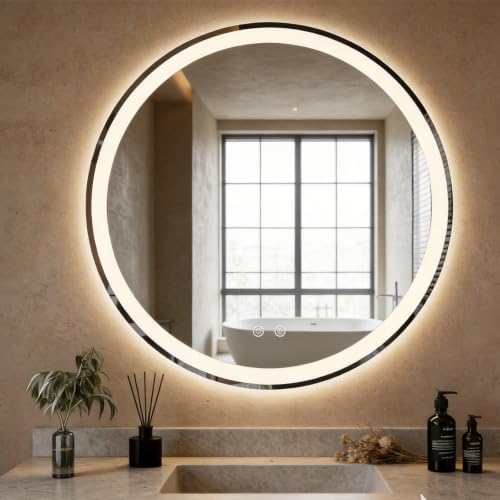 28 Inch LED Bathroom Mirror, Round Wall Mount Vanity Mirror by HAPPYMONTLLC