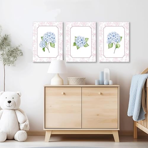 Blue Hydrangea Wall Art Set of 3, Preppy Blue Hydrangea Canvas Prints Poster - Image 6