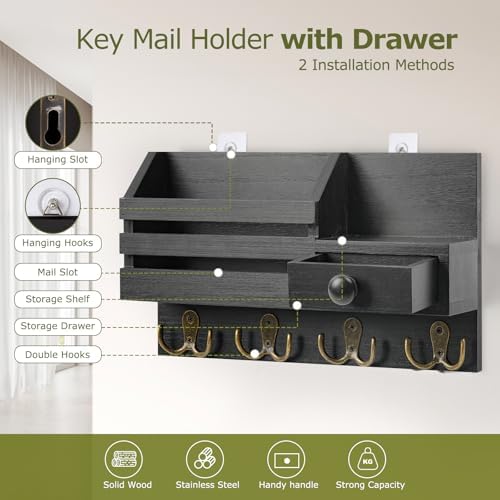 Key Holder Wall Mount, Wooden Key and Mail Organizer - Image 3
