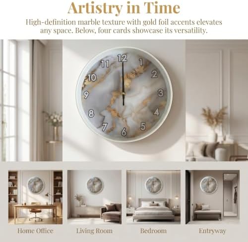 Luxury Gold Foil Marble Texture wall Clock Silent Non Ticking Battery Operated - Image 2