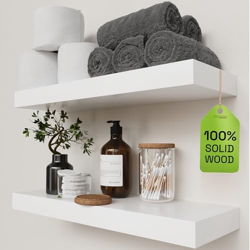 Solid Wood Floating Shelves for Wall 20 Inch White, Wooden Bathroom Shelf by BAOBABWORKSHOP