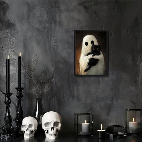 Framed Vintage Halloween Ghost Wall Art, Cute Ghost Hugging Black Cat Canvas - Image 6