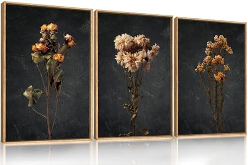 HOURIA Dark Moody Dried Floral Framed Canvas Wall Art Set- 16"x24"x3 - Image 5