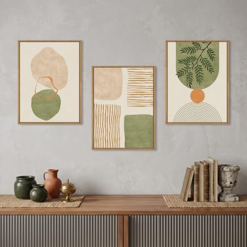 Boho Sage Green Framed Canvas Wall Art Set, Abstract Minimalist Geometric Line - Image 2