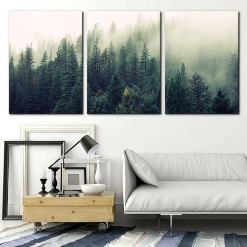 Pacimo Canvas Print Wall Art Set Aerial View of Pine Trees in Mist Nature - Image 2