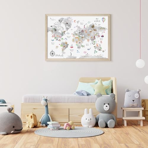 Joocrise Grey Kids World Map Wall Art Animal Map Canvas Wall Art Nursery Wall - Image 4