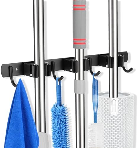 voze 3 Racks and 4 Hooks Mop and Broom Holder Wall Mount, Self Adhesive Heavy by voze