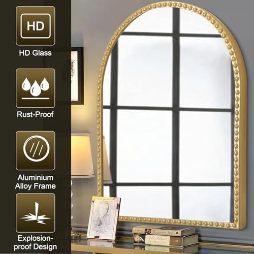 Large Gold Arch Mirror for Bathroom, Metal Beaded Frame 36"x24" Arched Wall - Image 6